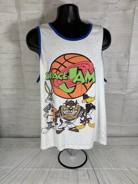 Space Jam XL Mens White Speckled Graphic Tank Top Looney Tunes Muscle Shirt EUC