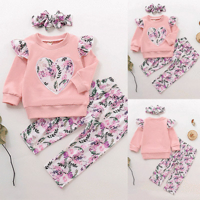 Kids Baby Girls 3pcs Floral Heart Print Outfits Tops Pants Toddler Tracksuit UK