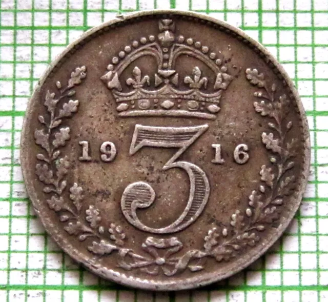 Great Britain George V 1916 Threepence 3 Pence, 0.925 Silver