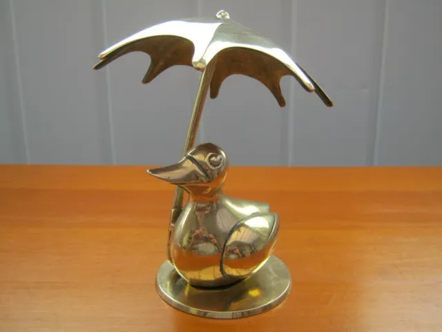 Vintage Solid Brass Duck Figure Sporting an (Unnecessary) Umbrella