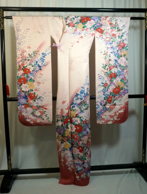 Japanese kimono SILK"FURISODE" long sleeves,SIL leaf, Flower basket,L5'4"..3655
