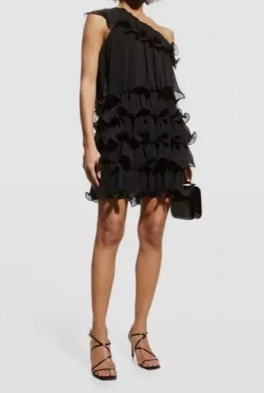 $495 Milly Women's Black Blakely Tiered Ruffle Trapeze Mini Dress Size 12