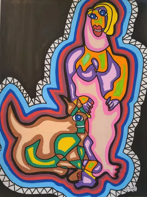 Peinture Gérard Sendrey Format 24x32cm Posca Intitulée "Woman with dog"