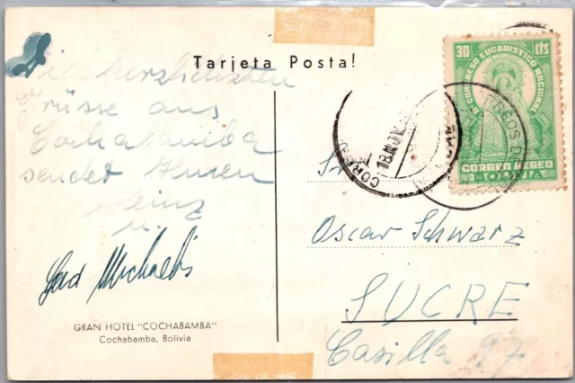 Bolivia Postal History Pict Postcard Cochabamba Addr Sucre Canc Yrs'1930-40