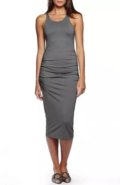 Michael Stars Vivian Racerback Midi Tank Dress XS Gray Ruched Sides