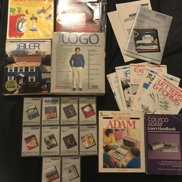 Coleco ADAM Lot Data Tapes Manuals Boxes Books Logo Wacky Word Buck Rogers MORE