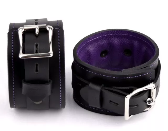 ANKLE BLACK & PURPLE cuffs premium PADDED Handcrafted Leather Locking CF1APplBlk