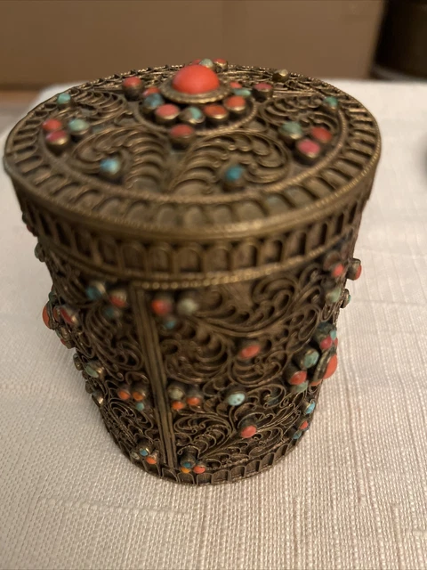 Antique Tibetan Filigree Box, brass 3 7/8 “ high from Nepal
