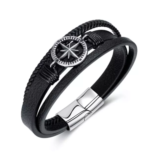 Stainless Steel North Star Compass Multi-Layer Hand-Woven Leather Bracelet Chain