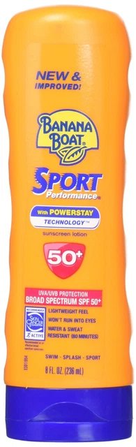 Loción de protección solar de rendimiento deportivo para barco banana, FPS 50 amigable para arrecifes 8 oz