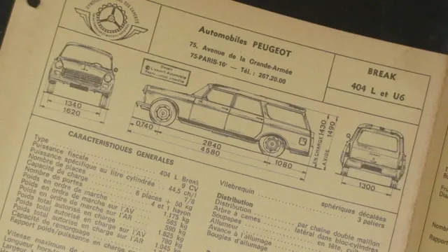 NEW !! Fiche Technique Expert Automobile : Sté PEUGEOT : 404 L et 404 U6 - Break