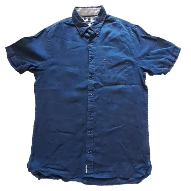 TOMMY HILFIGER Men's Navy Blue Pure Linen Short Sleeve Shirt Size Medium