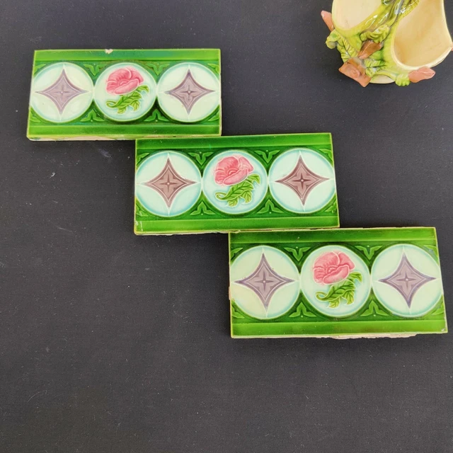 Vintage Architecture Furniture Tile 3 Pcs DK TM Majolica Nouveau Art Japan CT124 3