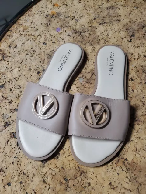 Valentino My Mario Bugola Logo Taupe Leather Slip On Flat Sandals, Womens 38