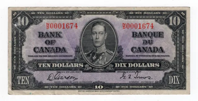 Bank of Canada 1937 $10 Ten Dollars Gordon-Towers N/D Prefix VF