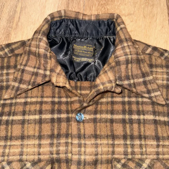 Sears Flannel Shirt Mens Small Loop Collar Cruiser Brown Plaid Vintage 60s 70s