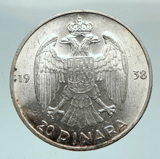 1938 YUGOSLAVIA King Peter II w Eagle Antique Silver 20 Dinara Coin i80249 2