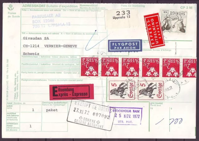 q6718/ Sweden Expres Airmail Parcel Card Cover t/Switzerland 1972