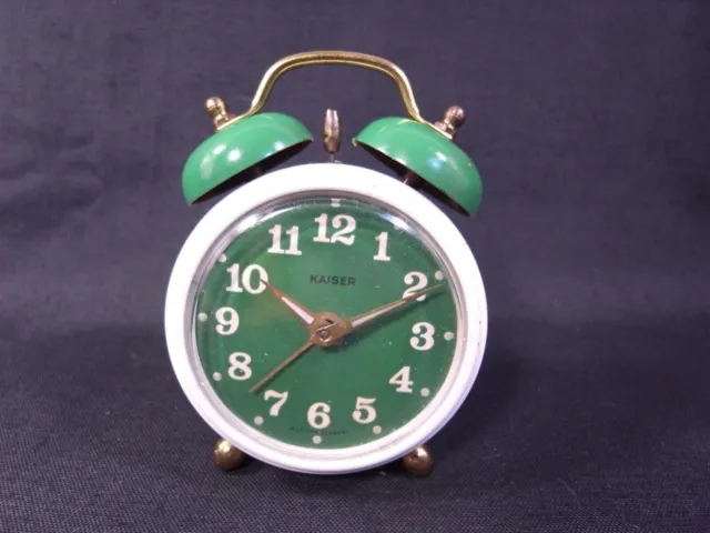 Vintage Retro Germany Wind Up Mechanical Green Dial Desk Alarm Clock Kaiser