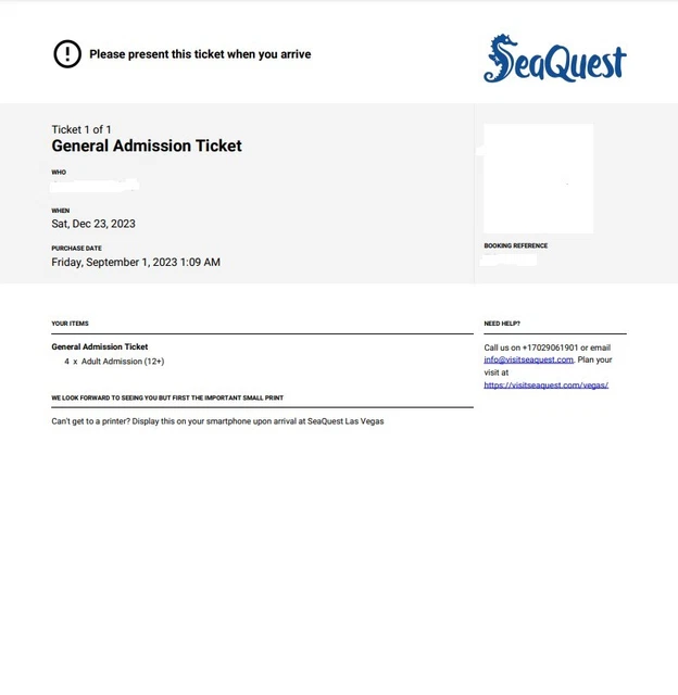 x4 SeaQuest Las Vegas Tickets Age 12+ GOOD FOR ANY ONE OPERATING DAY