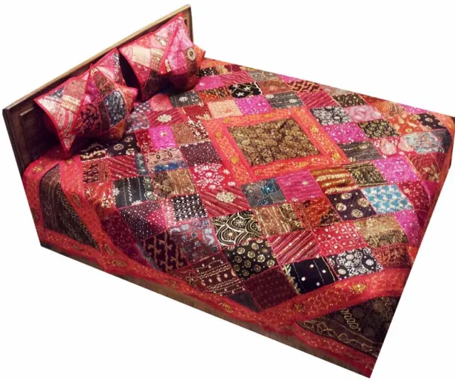5 Pc Vintage Sari Beads Kundan Throw Branded Bedspread Coverlet Blanket Quilt