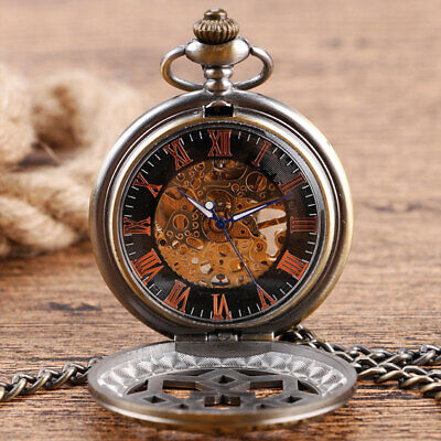 Retro Style Roman Numeral Dial Skeleton Mechanical Hand Wind Pocket Watch Chain