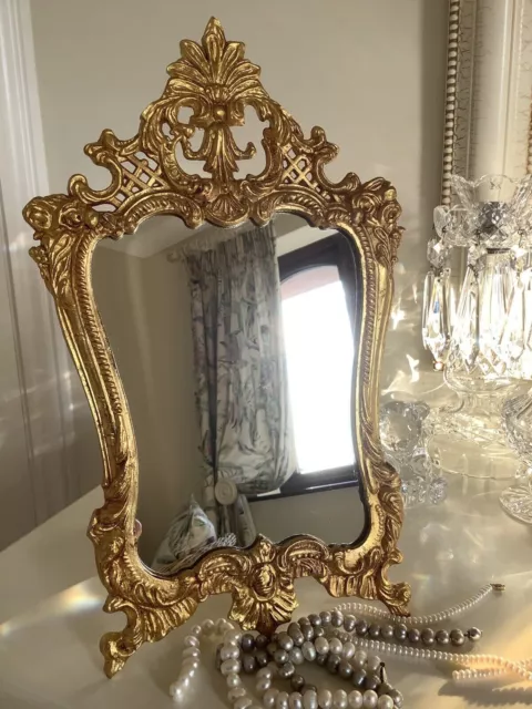 Vintage Art Deco Gorgeous French Ornate Gold Gilt  Metal Table Top Mirror