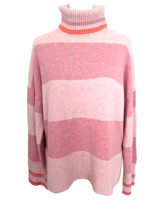 NWT J. Crew Oversized Boxy Striped Sweater Turtleneck Pink Rose Orange Sz Medium