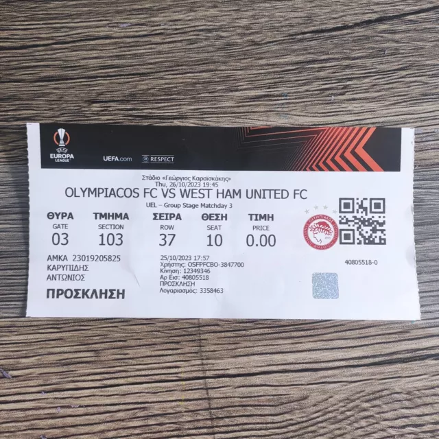 Olympiacos Olympiakos vs West Ham UEFA Europa League 26/10/23 used ticket stub