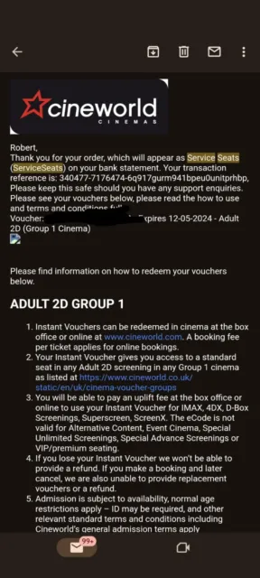 Cineworld Group 1 One Adult 2d Ticket *Read Description*