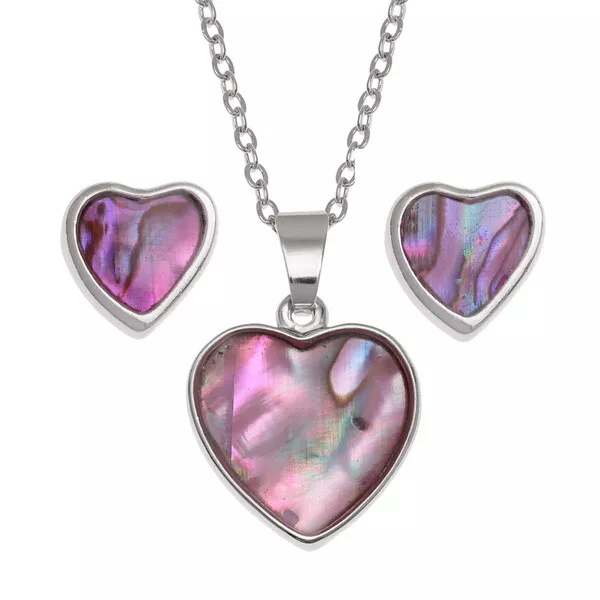 Ladies Girls Pink Heart Silver Pendant Necklace 18" & Stud Earrings Chain Gift