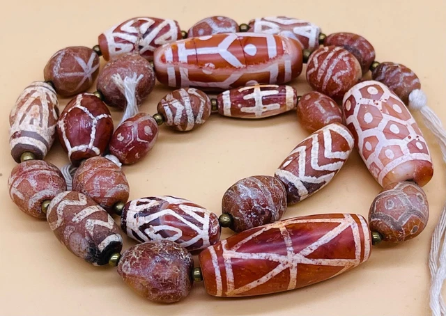 Ancient Pyu Culture etched Carnelian Bead Necklace est 1000+ years