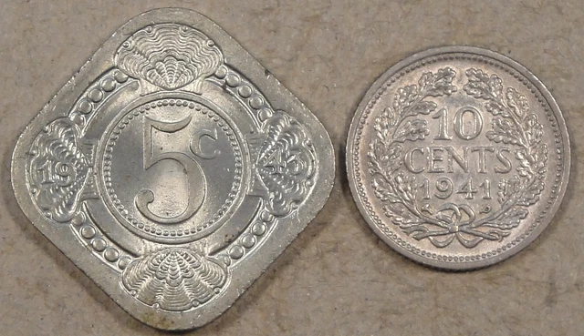 Curacao 1943 5 Cents BU and 1941-P 10 Cents Better Grade as Pictured