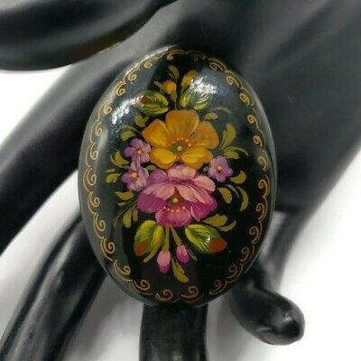 Russian Wooden Hand Painted Black Lacquer Brooch Flowers