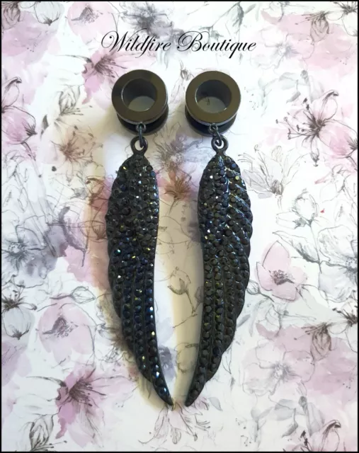 Pair Dark Glamour Sparkly Black Crystal Wings Dangle Black Tunnels Plugs 6-30mm