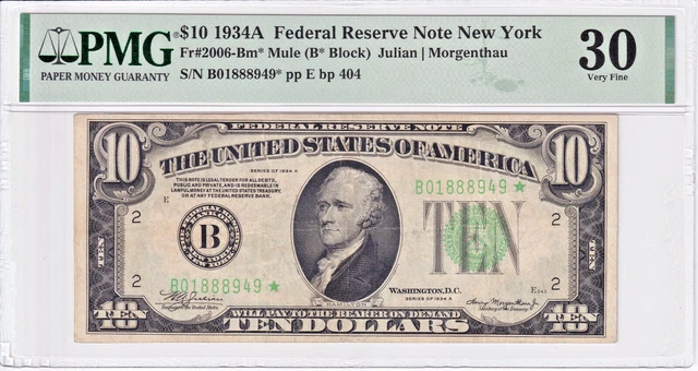 1934A $10 Federal Reserve Note *STAR* Mule New York PMG Very Fine 30 #B01888949*