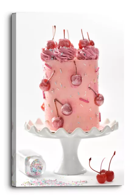 Pink Frosted Cake With Cherries Canvas Print Wall Art Picture Home