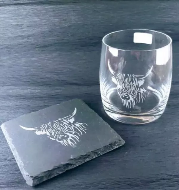 Highland Cow Crystal Whisky Glass Gift Box & Square Rustic Slate Coaster 350ml