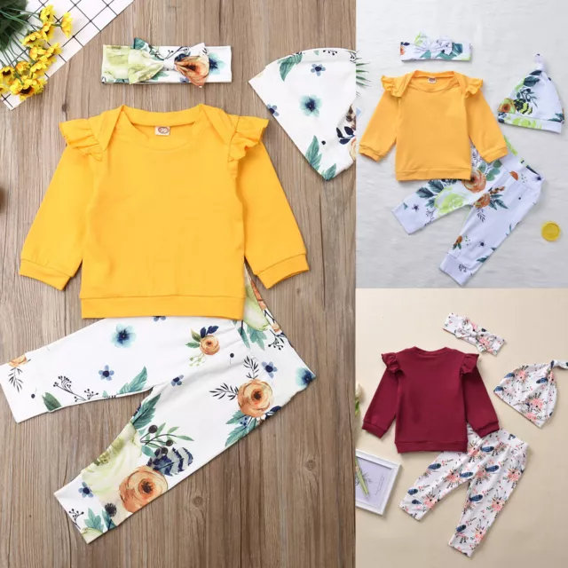 4 pezzi top neonata bambina a maniche lunghe pantaloni floreali abiti