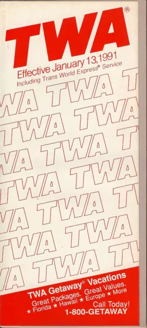 TWA Trans World Airlines system timetable 1/13/91 [308TW] Buy 4+ save 25%
