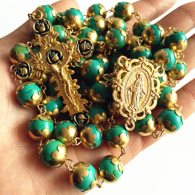 Gold XL 10MM Turquoise BEADS CATHOLIC AVE MARIA 5 DECADE ROSARY NECKLACE CROSS