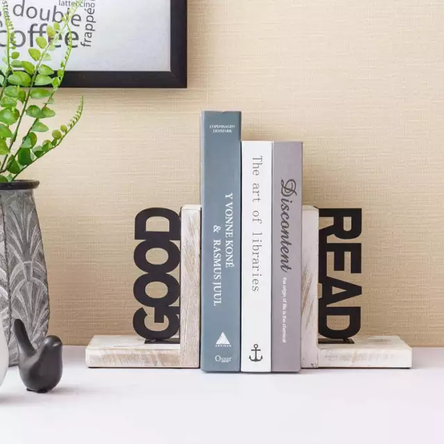 Whitewashed Wood & Black Metal Bookends with Cutout Good and Read Block Letter