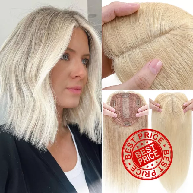 Remy Human Hair Toupee Clip In On Topper Silk Mono Base Women Real THICK Wiglets