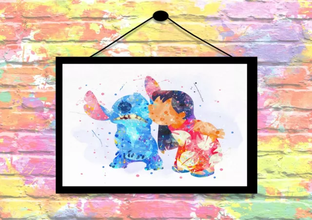 BUY 2 GET 1 FREE LILO AND STITCH Watercolour Print Wall Art Poster A4