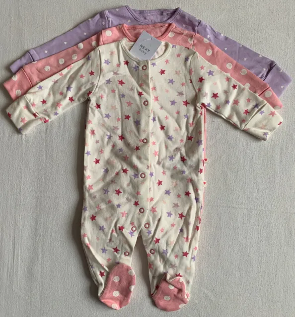 BNWT Baby Girls 3pk Purple Pink Sleepsuits 3-6 months NEXT