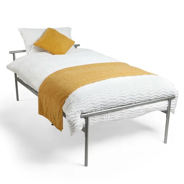 SINGLE BED FRAME, Solid 3ft Metal Frame Bed Silver, Strong Slatted Base
