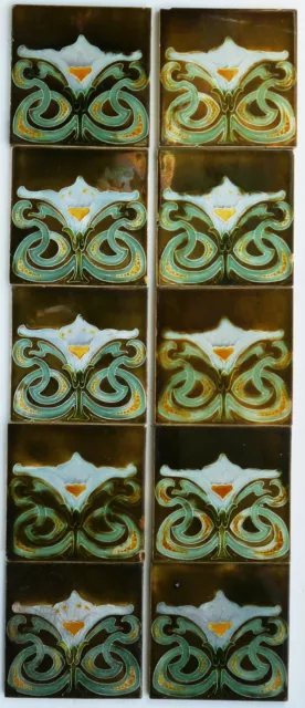 Nice Original Set of 10 Henry Richards Antique Art Nouveau Fireplace Tiles c1903
