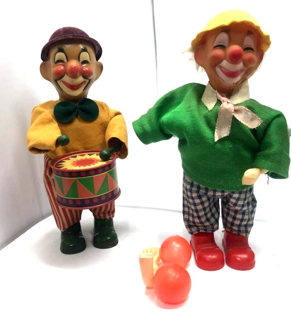 2 VINTAGE TOY WindUp Clowns Playing Drums/Other For Parts Or Repair