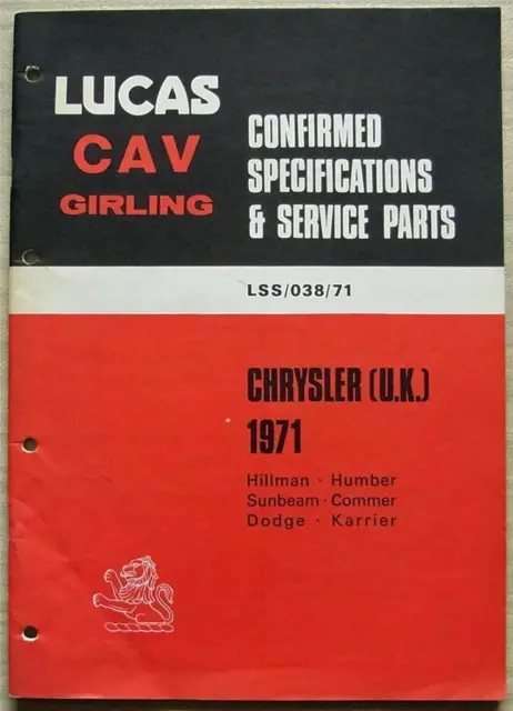 LUCAS CHRYSLER UK Specs & Service Parts 1971 #LSS/038/71 Hillman HUMBER Sunbeam