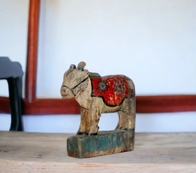 1850's Antique Wooden Nandi, Cow, Calf Hand Carved Old Figure for Home and Decor